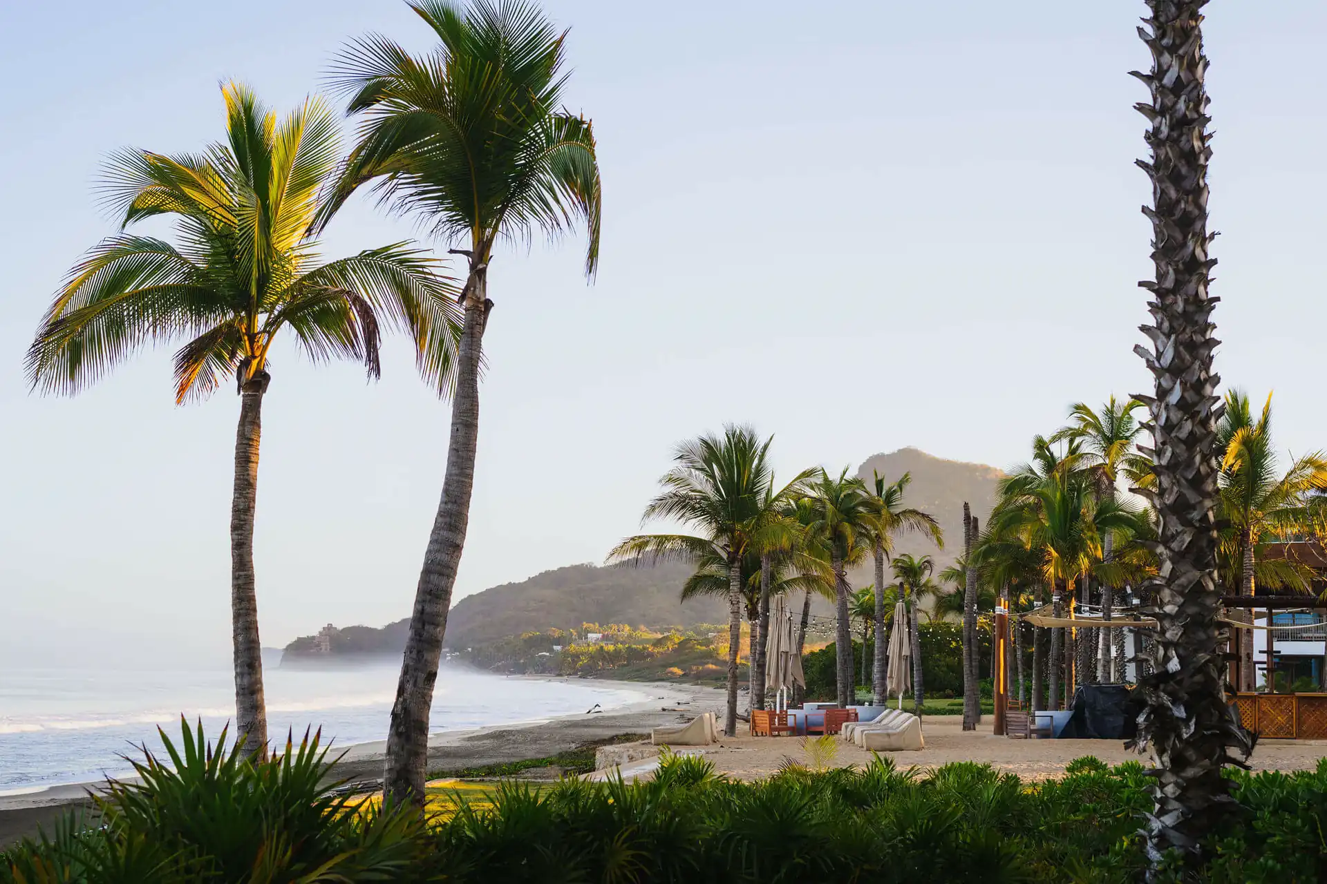 Palm-lined beachfront with lounge seating at Conrad Punta de Mita