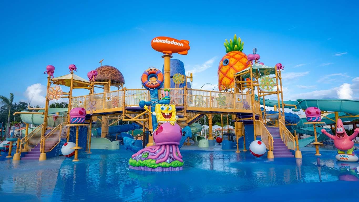 SpongeBob-themed water play structure at Nickelodeon Hotels & Resorts Riviera Maya
