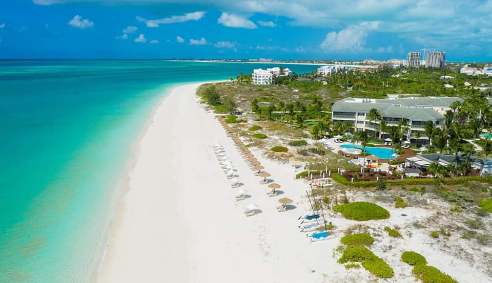 Aerial view of The Sands at Grace Bay and its beach