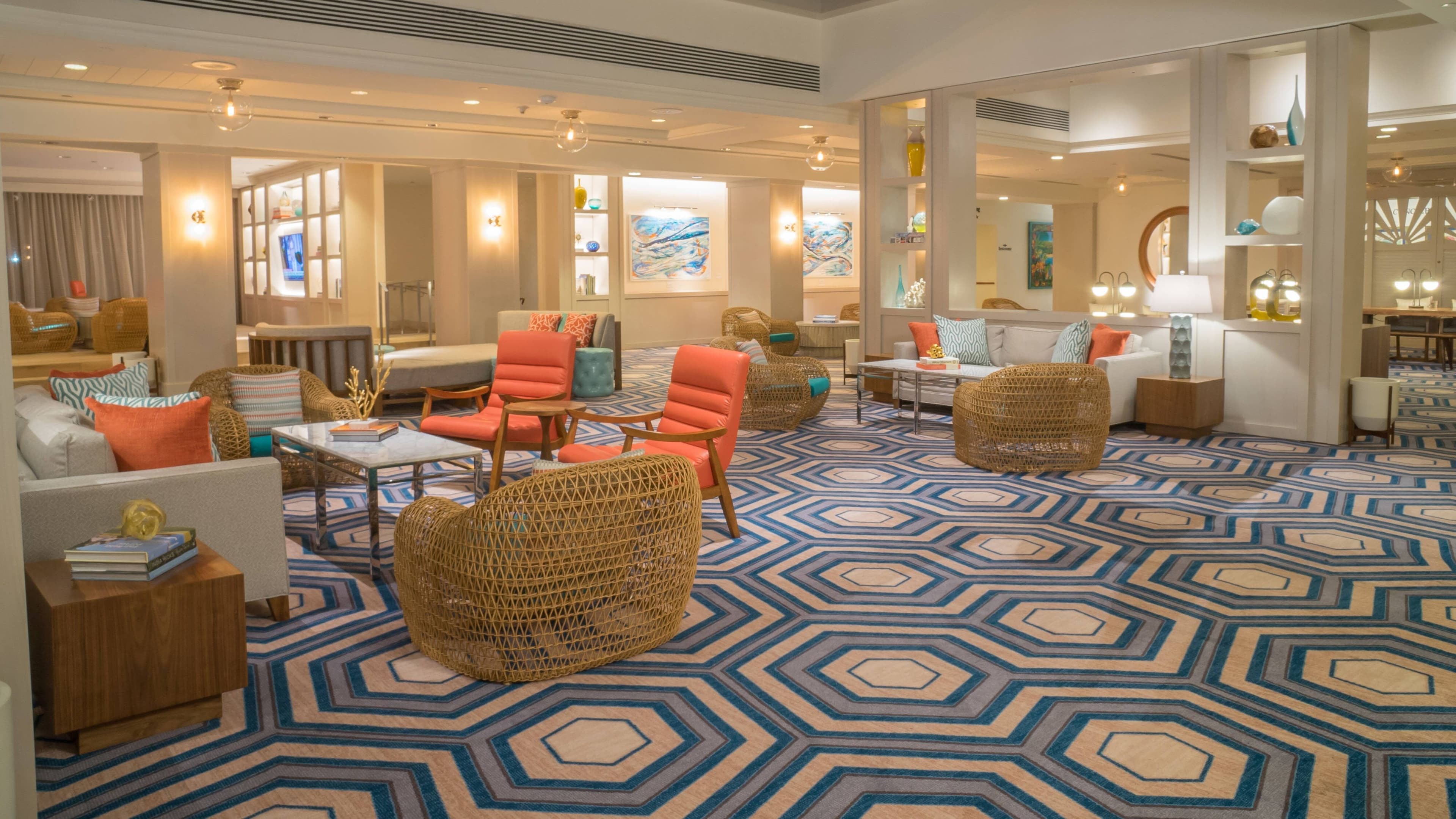 Retro-spirited lobby lounge at The Coral at Atlantis, Bahamas